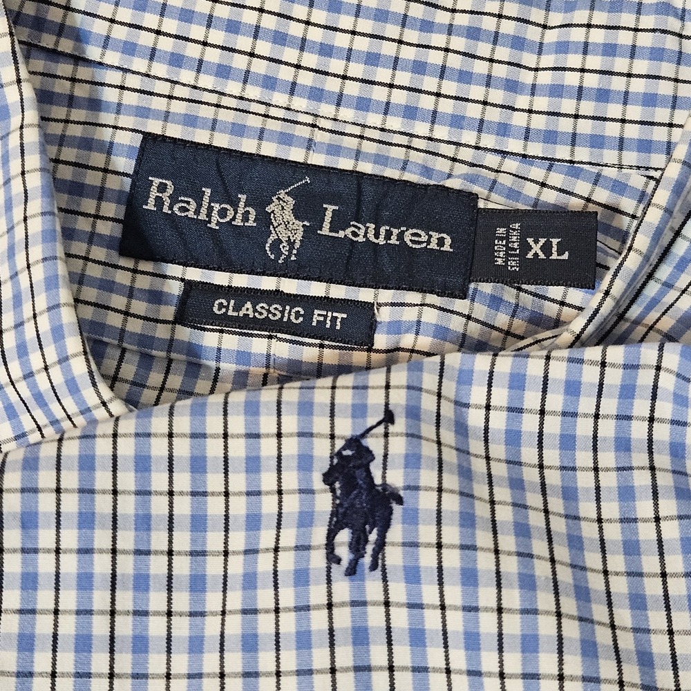 Vtg Polo Ralph Lauren Oxford XL Button Dress shirt Blue Pony Men's Plaid Check